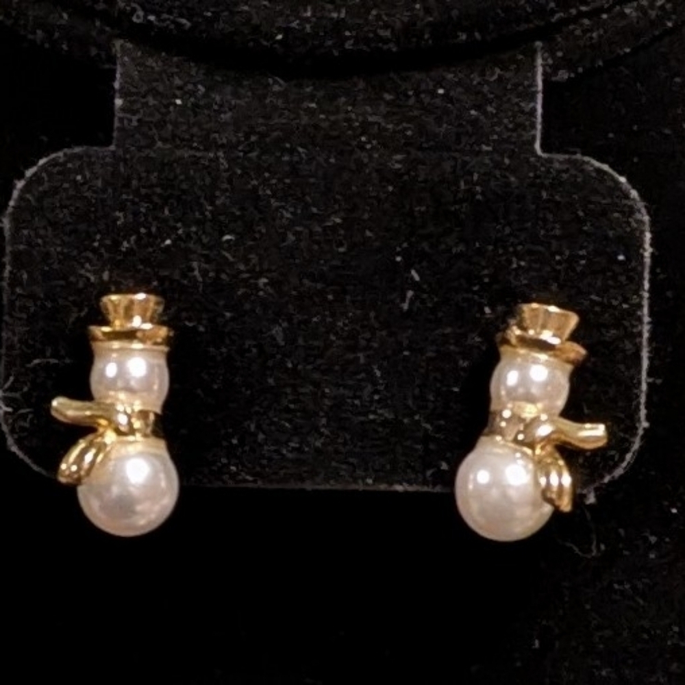 Avon Gold Tone and Faux Pearl Snowman Pierced Earrings